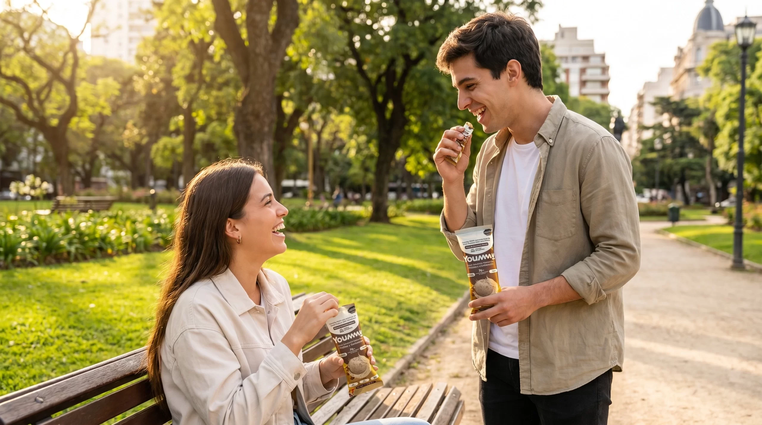 Dos personas disfrutando snacks Yoummy de chocolate en un parque soleado
