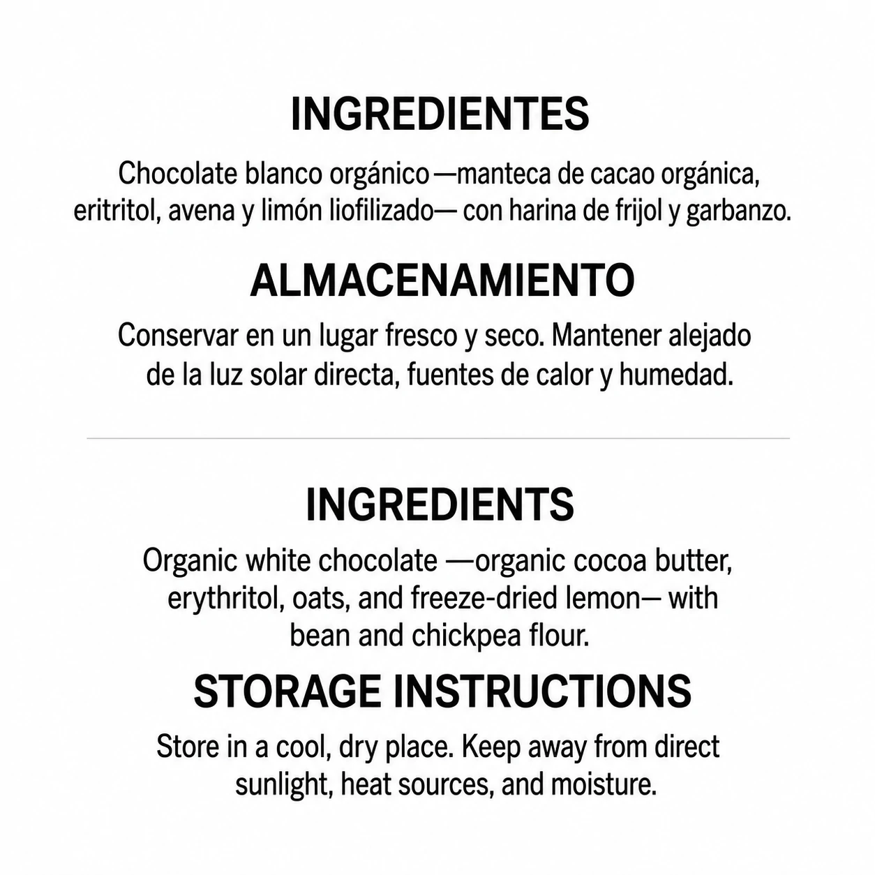 ES-EN Chocolate Blanco Limón Ingredientes y Almacenamiento
