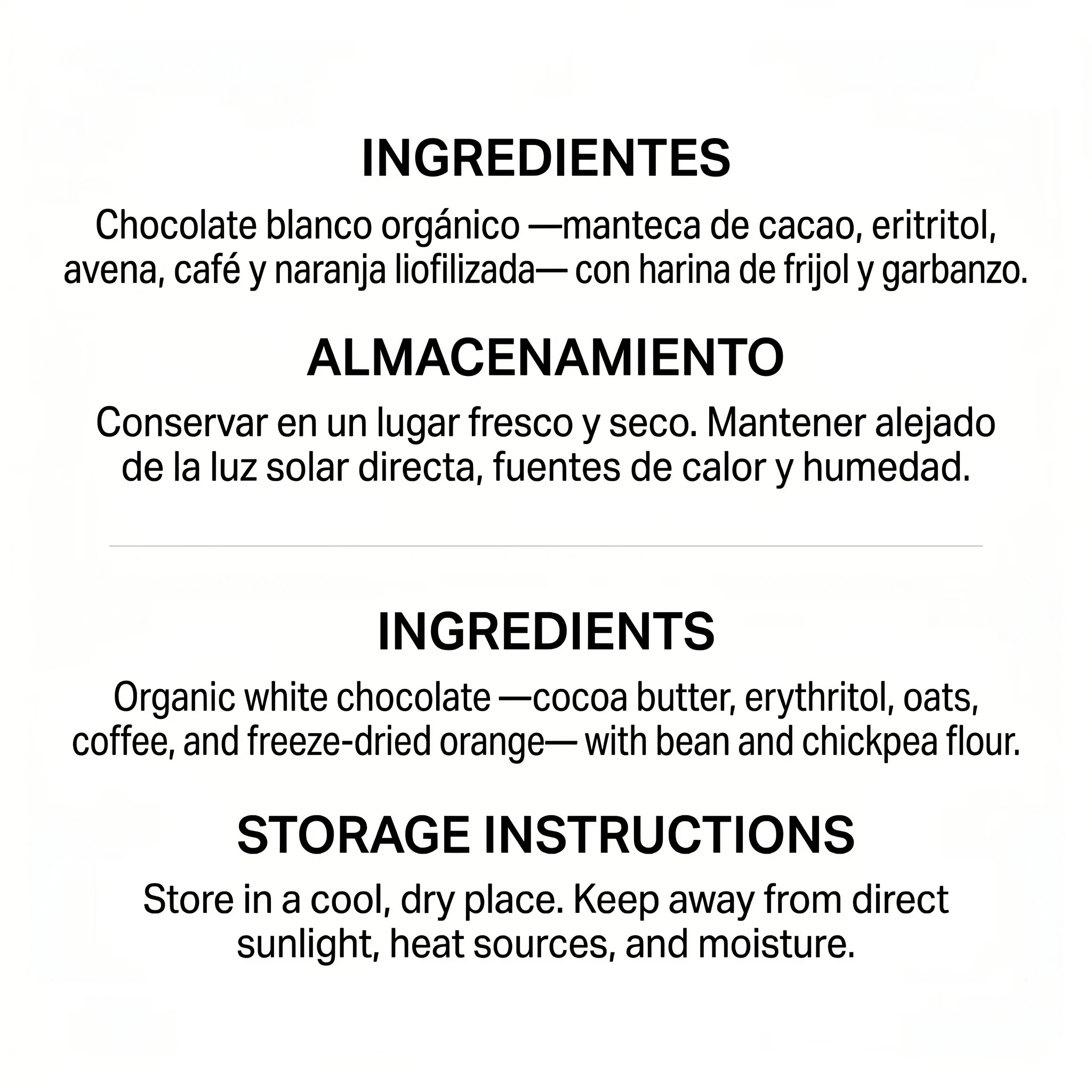 ES-EN Chocolate Blanco Moca Ingredientes y Almacenamiento
