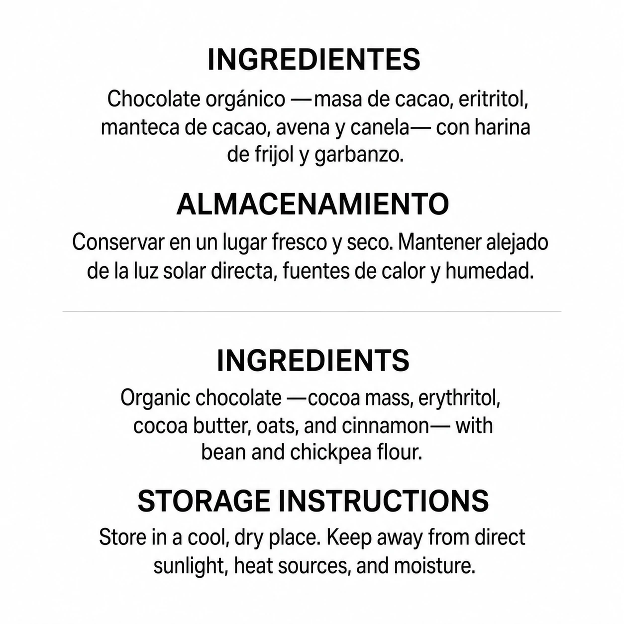 ES-EN Chocolate Oscuro Canela Ingredientes y Almacenamiento