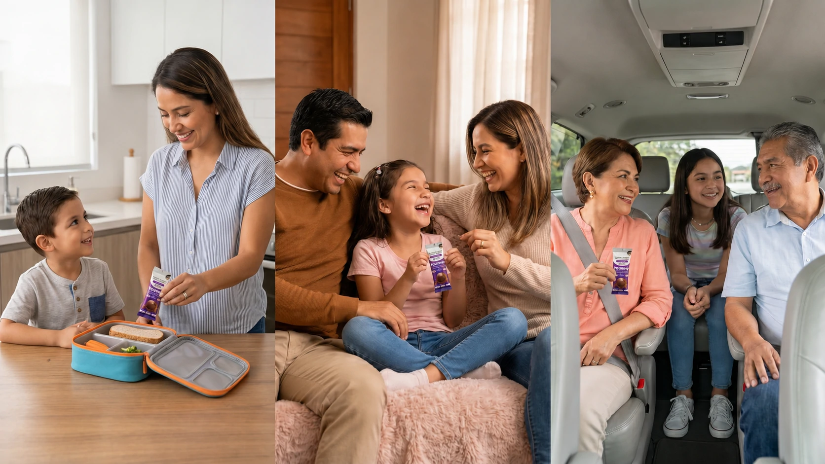 Familia disfrutando snacks Yoummy en lonchera hogar y paseo