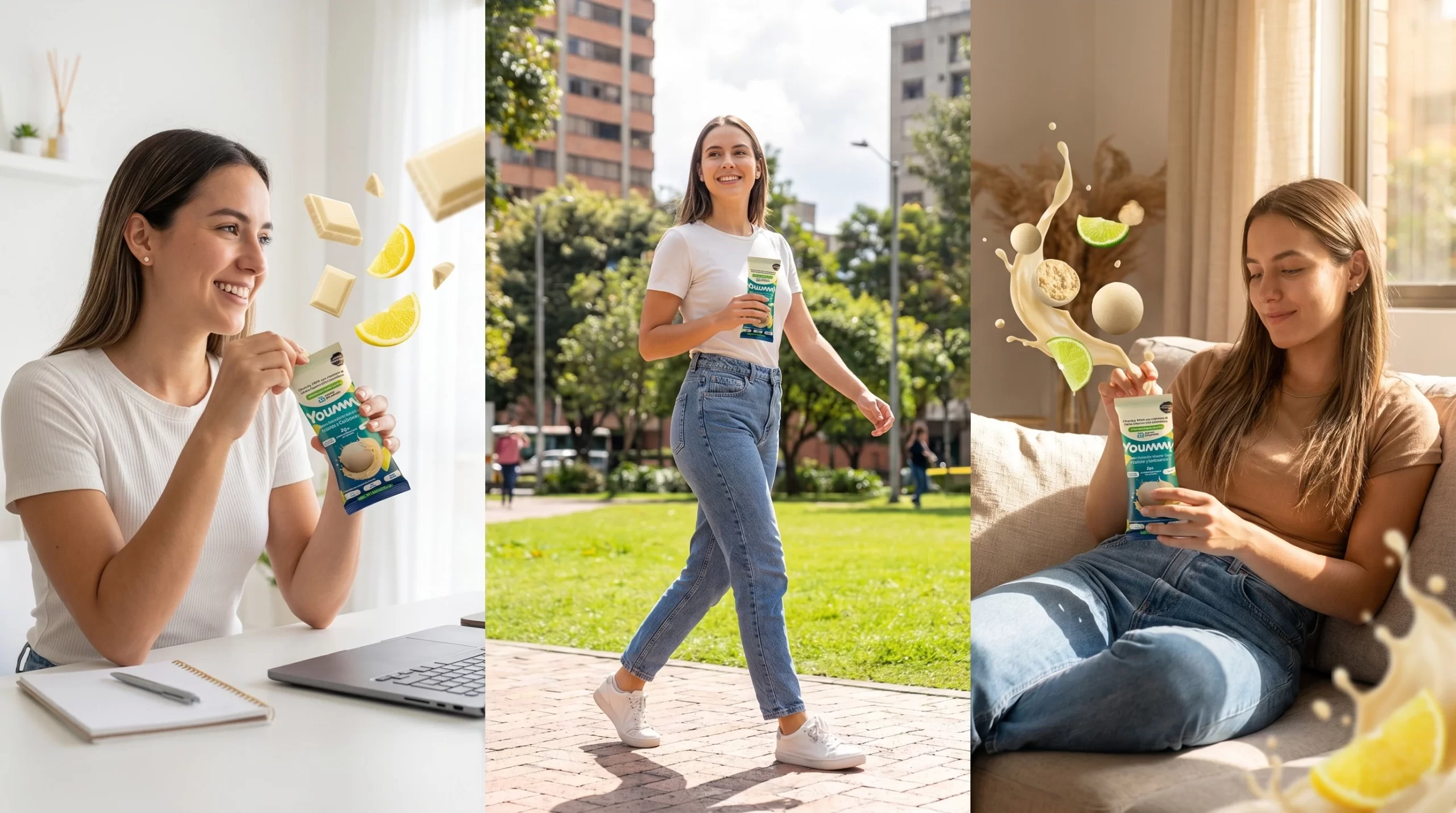 Mujer disfrutando snack Yoummy de limón en momentos cotidianos