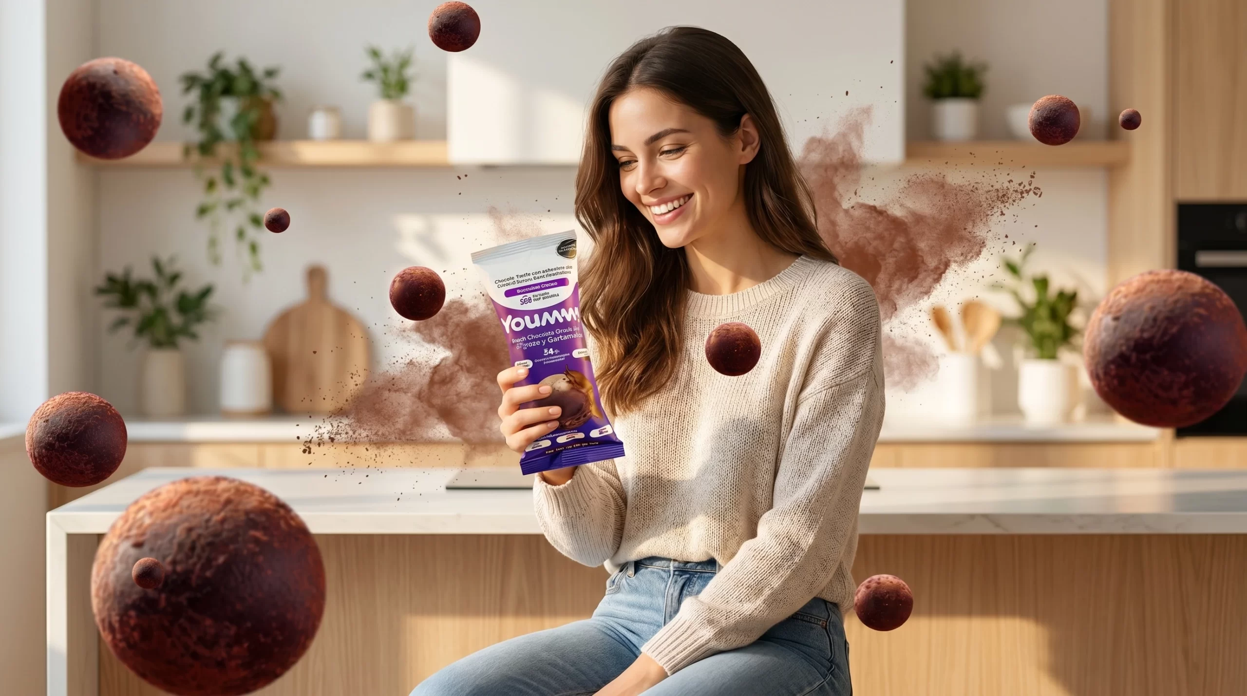 Mujer sonriendo con snack Yoummy de chocolate en cocina luminosa