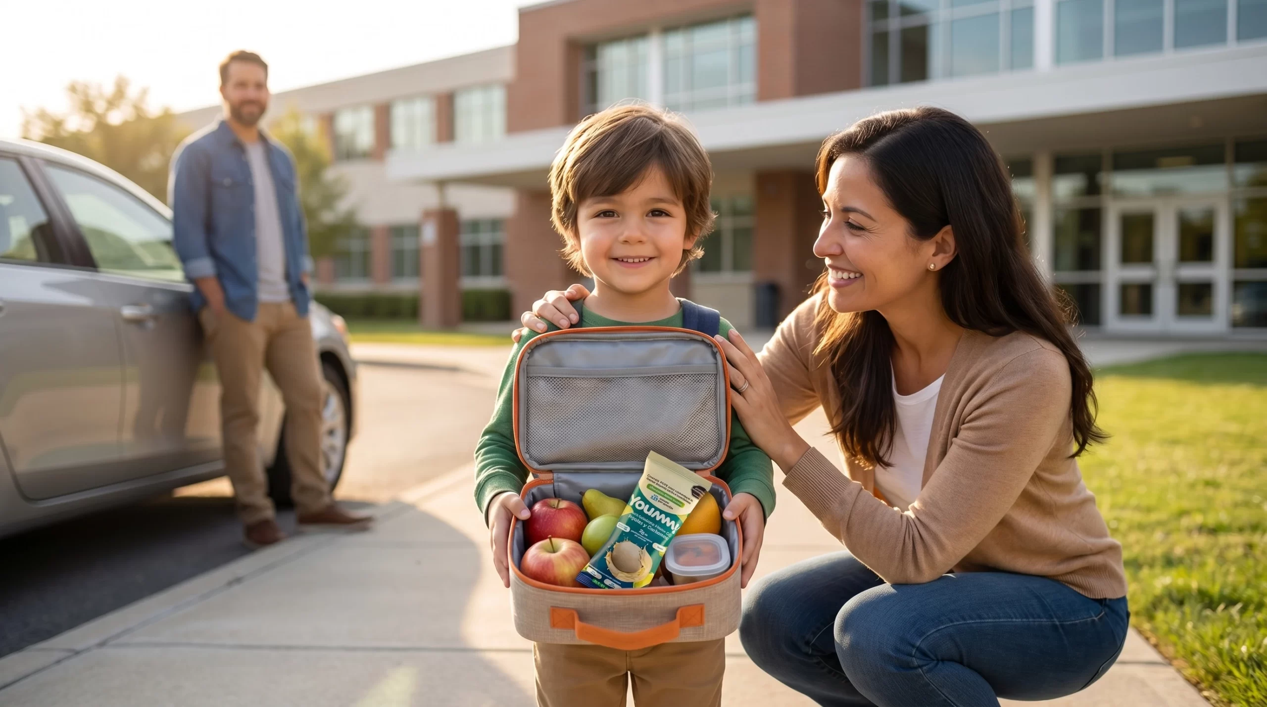 Niño con lonchera saludable y snack Yoummy camino al colegio