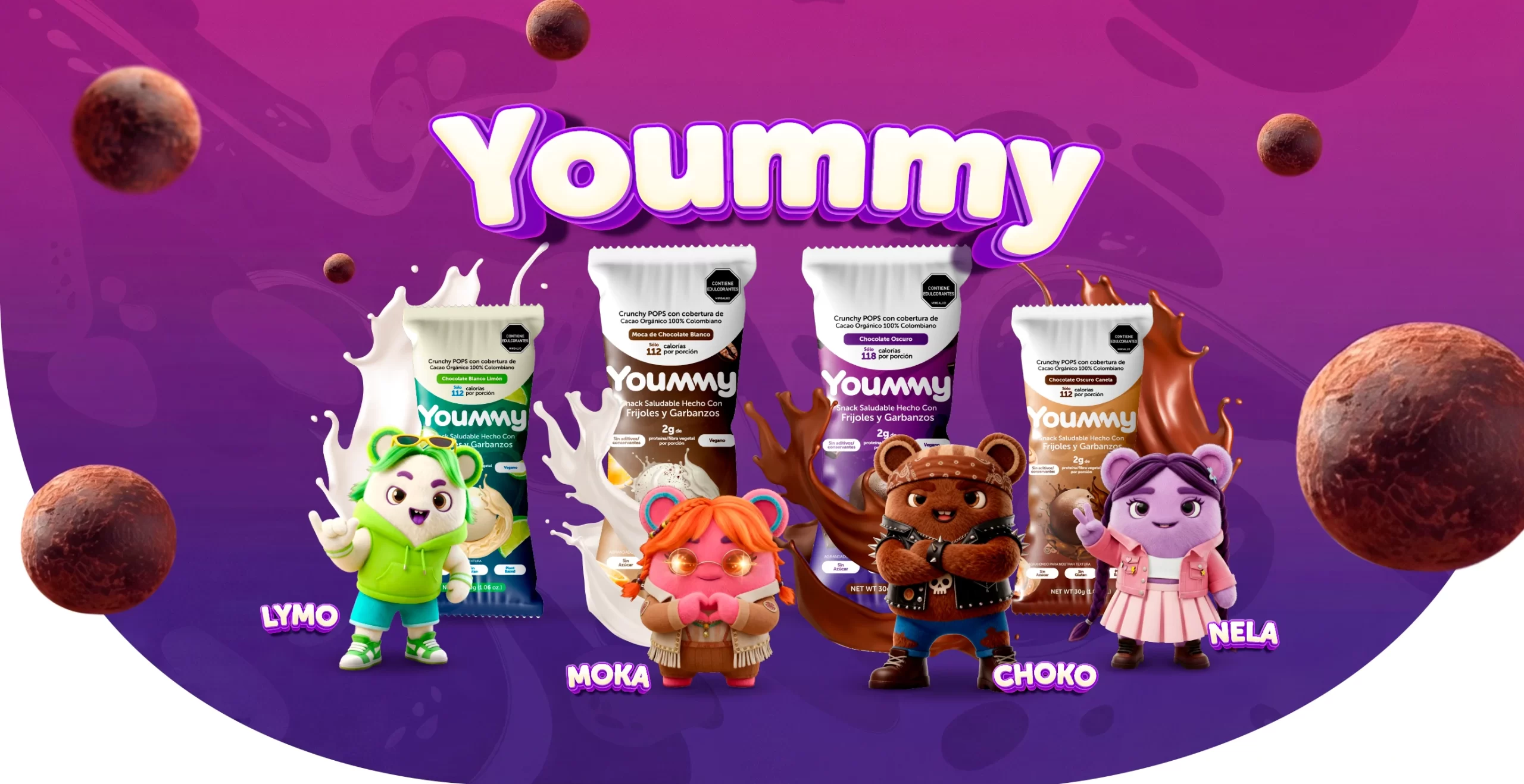 Snacks Yoummy con Lymo Moka Choko y Nela sobre fondo morado